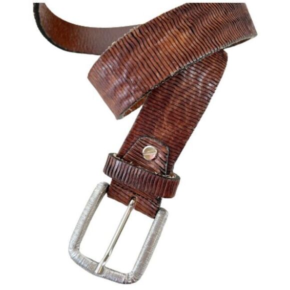 BALDININI Belt M Wavy Brown Leather Silver Square Buckle 90 Euro Made in ITALY